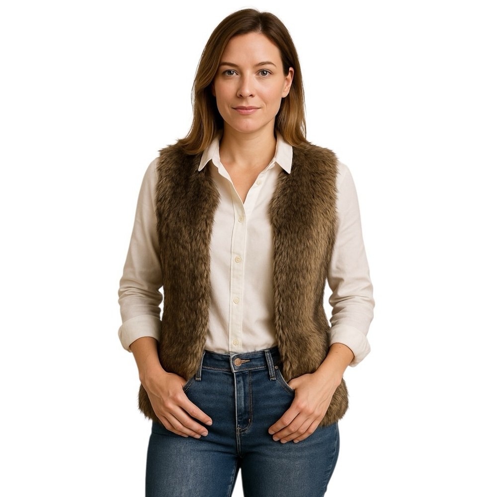 Faux Fur Vest Small Warm Gorpcore Cozy Open Front Mob Wife Outdoor Winter Brown